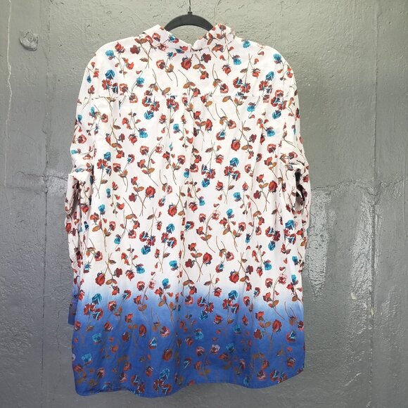 Lands End Button Up Shirt Women 2X 20-22 Cotton Roll Tab Sleeve Floral Ombre Blu - Picture 7 of 16